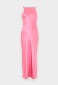 Ροζ σατέν μάξι φόρεμα με λεπτές τιράντες, με ομαλή υφή και εφαρμοστή σιλουέτα. Μήκος μέχρι το πάτωμα με ελάχιστες λεπτομέρειες.
