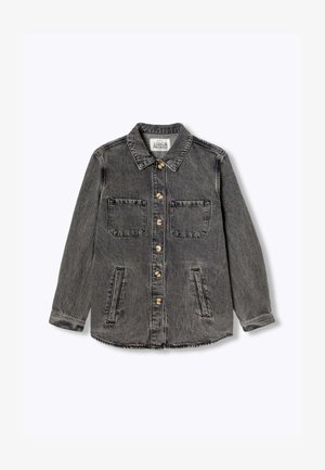 Veste en denim noir avec un devant à boutons, deux poches poitrine, des poches latérales et un col classique. Finition délavée et coupe décontractée.