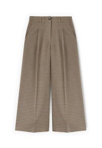 Pantalons à jambes larges en un motif pied-de-poule marron et beige, avec des plis, une fermeture à bouton et deux poches latérales.