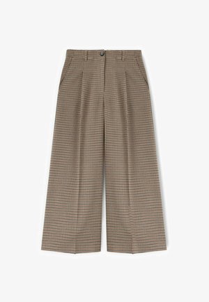 Pantaloni a gamba larga in un motivo houndstooth marrone e beige, caratterizzati da pieghe, chiusura con bottone e due tasche laterali.