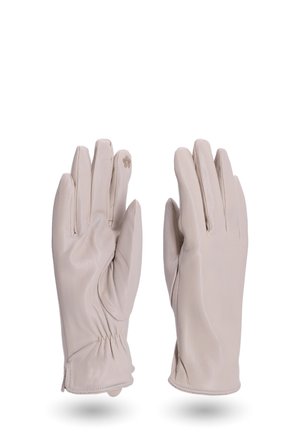 Guanti in pelle beige con un design aderente, dettagli arricciati sui polsi e un piccolo accento floreale sul guanto sinistro. Texture liscia su tutta la superficie.