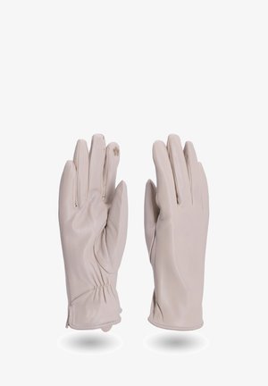 Guanti in pelle beige con un design aderente, dettagli arricciati sui polsi e un piccolo accento floreale sul guanto sinistro. Texture liscia su tutta la superficie.