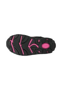 Suola di scarpe da ginnastica nera con una superficie testurizzata, caratterizzata da accenti rosa brillante e un disegno del battistrada pronunciato per presa e trazione.