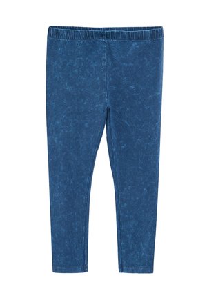 Blaue Stretchleggings mit strukturiertem Finish, ausgestattet mit einem elastischen Bund und ohne erkennbare Beschläge oder Muster.