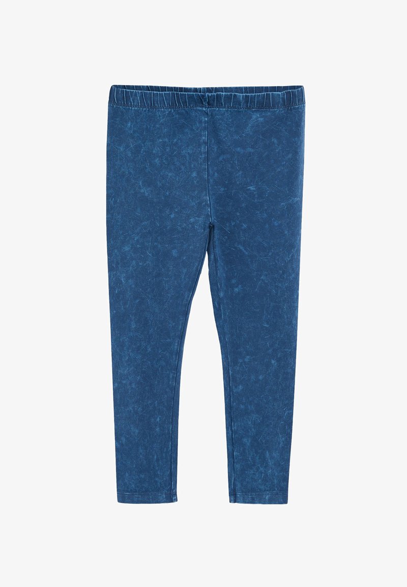 Blaue Stretchleggings mit strukturiertem Finish, ausgestattet mit einem elastischen Bund und ohne erkennbare Beschläge oder Muster.