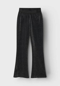 Sorte buks med flare, der har en blød tekstur og en skinnende metallisk finish. Elastisk talje for komfort. Materialet giver stræk og fleksibilitet.