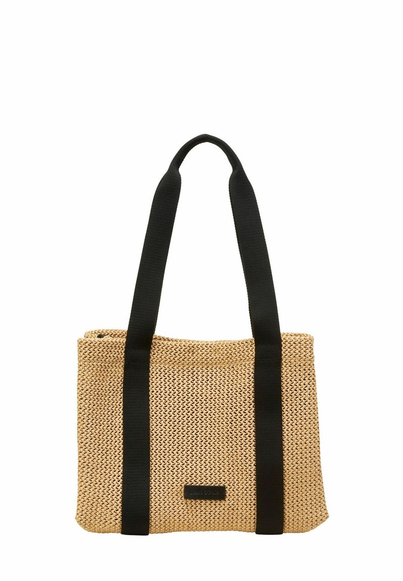 Geweven beige tas met zwarte stoffen handvatten. Voorzien van een ritssluiting en een kleine rechthoekige accent aan de zijkant.