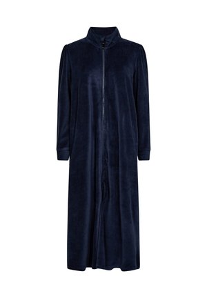 Abito blu navy con zip, realizzato in morbido velluto, con colletto alto, maniche lunghe e una vestibilità comoda con un design lungo.