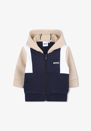 Marineblauwe en beige rits-hoodie met een contrasterende witte streep, ribgebreide manchetten en capuchon. Bevat het "BOSS" logo op de borst. Zachte stoftextuur.