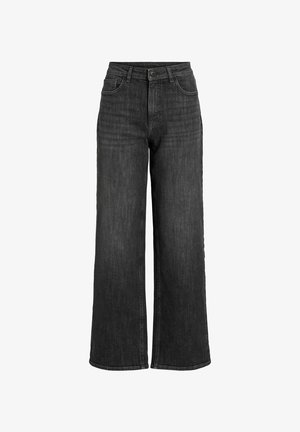 Jean noir taille haute à jambes larges avec bouton frontal, fermeture éclair, passants de ceinture et design à cinq poches sur fond blanc.