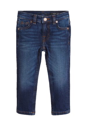 Schmale Jeans aus dunkelblauem Denim mit orangefarbenen Nähten. Verfügt über fünf Taschen, einen Knopfverschluss und eine schlanke, körperbetonte Silhouette.