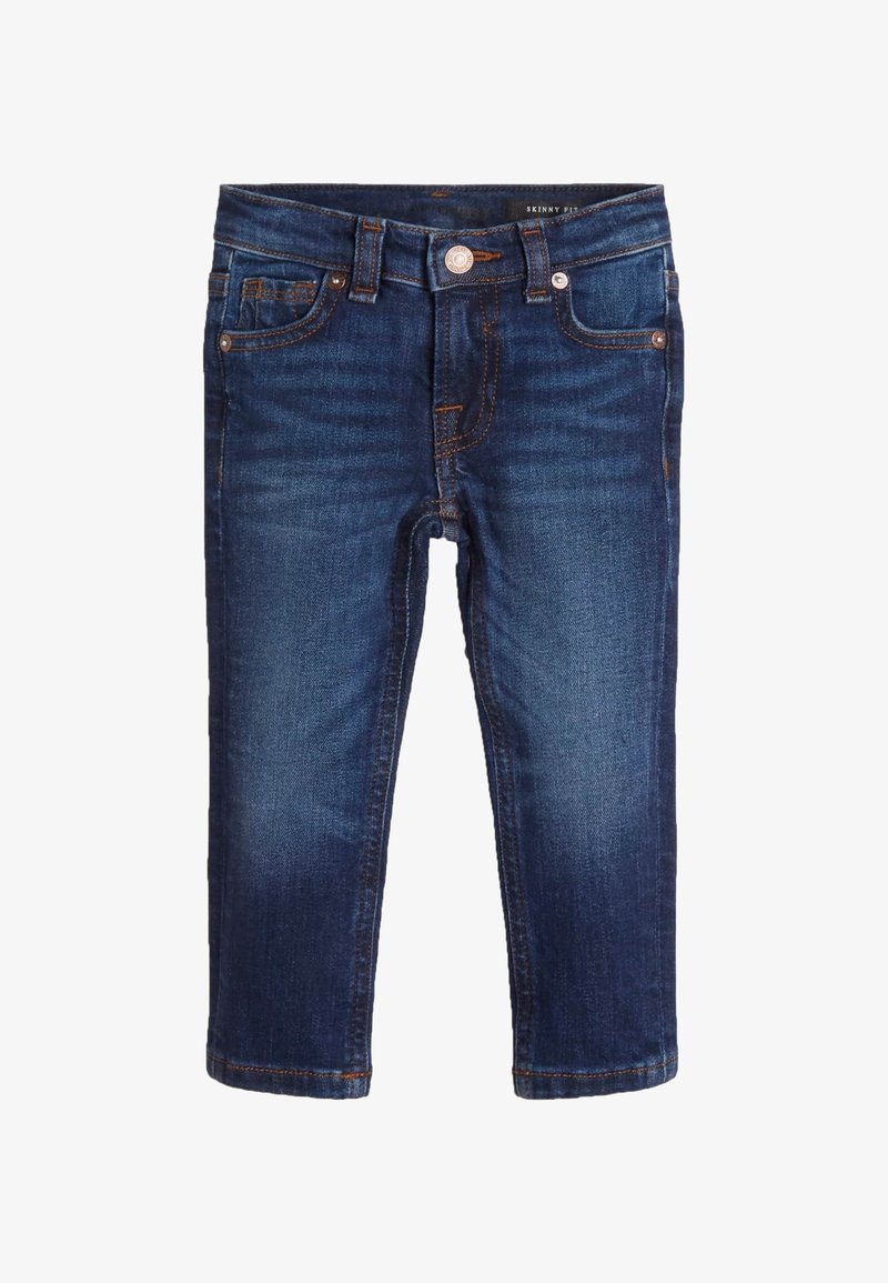 Jean skinny en denim bleu foncé avec des coutures orange. Comprend cinq poches, une fermeture à boutons, et une silhouette ajustée et élégante.