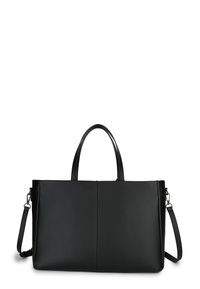 Black synthetic tote bag with dual top handles, a detachable shoulder strap, and a smooth texture; features minimal design and two vertical seams.