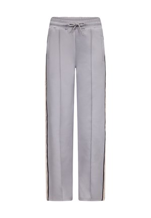 Pantaloni sportivi grigio chiaro con vita regolabile, tasche laterali e strisce laterali nere e beige. Tessuto liscio e vestibilità sagomata.