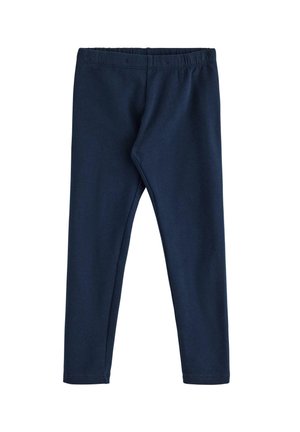 Børns marineblå leggings med elastisk talje, lavet af blødt stof, vist fladt på en hvid baggrund.