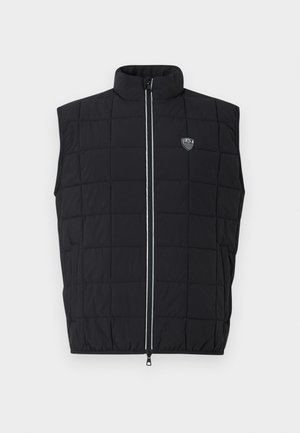 Zwarte, mouwloze bodywarmer met een hoge kraag, doorgestikt ontwerp, verticale ritssluiting en een logopatch op de linkerborst.