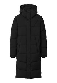 Schwarze Steppjacke mit langem Schnitt, Reißverschluss vorne, hohem Kragen und zwei seitlichen Taschen. Verfügt über gesteppten Bereiche für zusätzliche Textur.