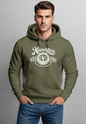 Neverless, HOODIE HERREN PRINT - WILD SPIRIT - AUFDRUCK KAPUZENSWEATSHIRT - Hoodie - oliv