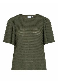 Top texturizado de color verde oliva con un patrón de rayas onduladas, mangas cortas y un escote redondo. La tela parece ligera y ligeramente transparente.