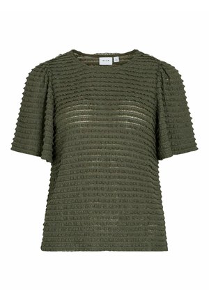Haut texturé vert olive avec un motif de rayures ondulées, manches courtes et col rond. Le tissu semble léger et légèrement transparent.