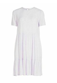 Světle fialové šaty s krátkým rukávem a jemným bílým tečkovaným vzorem, s nařaseným pasem, vrstveným volánkovým lemem a kulatým výstřihem se zapínáním na knoflík na zádech.