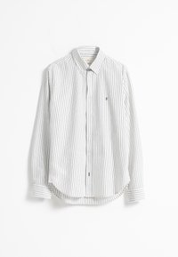 Camisa de botones con rayas verticales en gris y blanco. Tiene un collar, mangas largas y un dobladillo curvado. Pequeño logotipo en el pecho. Tejido ligero.