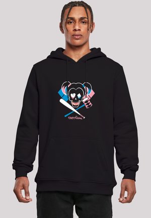 Black hoodie made from soft fabric, featuring a colorful graphic of a skull with bear ears and various symbols, including a baseball bat.