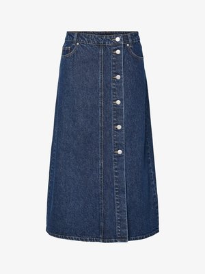 Gonna in denim con vita alta, chiusura frontale con bottoni e due tasche laterali. Colore blu scuro, taglio dritto e dettaglio di cuciture visibili.