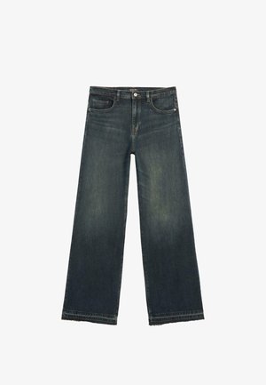 Wijde denim jeans in een donkere wassing met een vervaagde textuur, voorzien van een knoopsluiting, riemlussen en traditionele zakken.