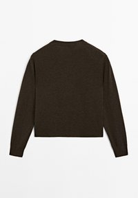 Brown, long-sleeve sweater with a round neckline, cropped design, and ribbed cuffs. Made of a soft, textured knit material.