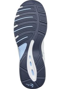 Sål på en løbesko med marineblå og lyseblå slidmønstre designet til trækkraft og fleksibilitet.