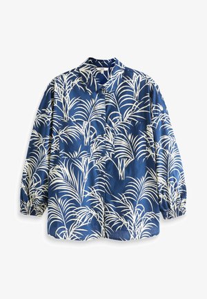 Chemise bleue à manches longues avec boutons, motif blanc de feuilles de palmier tropical, poignets élastiques, col classique et poches poitrine.
