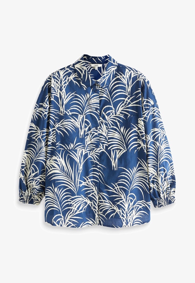 Chemise bleue à manches longues avec boutons, motif blanc de feuilles de palmier tropical, poignets élastiques, col classique et poches poitrine.