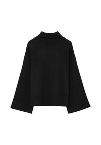 Maglione corto nero con colletto alto, maniche ampie, texture liscia e design classico. Nessun motivo o accento visibile.