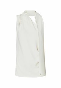 Débardeur en tissu crème avec un design à l'avant drapé. Présente un col en forme de cœur et un détail de logo subtil au niveau de l'ourlet.