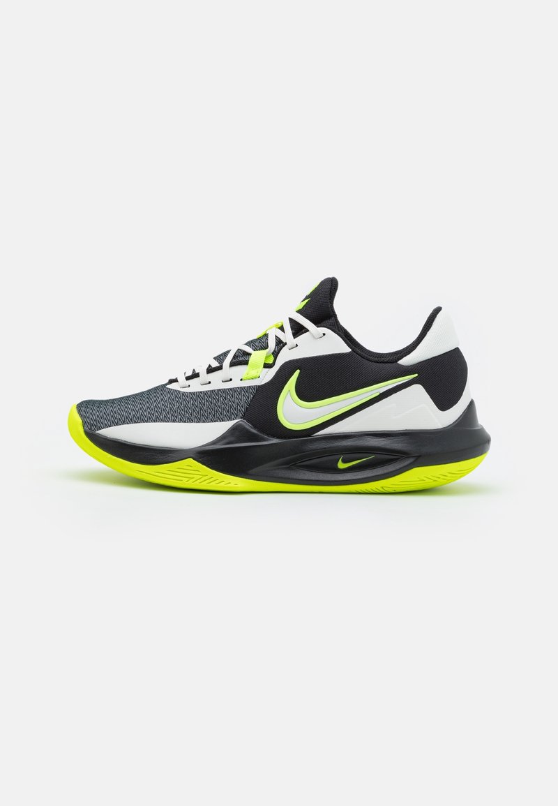 Chaussure de running Nike noire, blanche et vert néon avec une tige en mesh, des lacets blancs et une semelle amortie, vue de côté sur fond blanc.