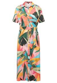 Robe midi à boutons sur le devant, manches courtes, col, ceinture à nouer et motif de feuilles tropicales en rose, orange, vert, jaune et bleu.