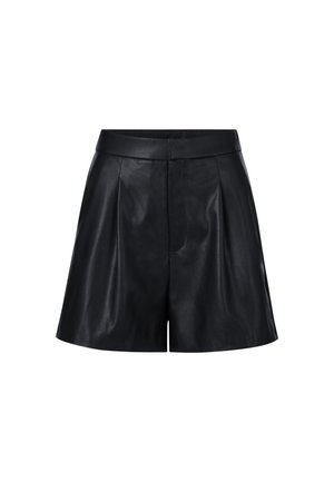 Pantalones cortos de cuero negros de cintura alta con pliegues frontales y una cinturilla ajustada, exhibidos sobre un fondo blanco.