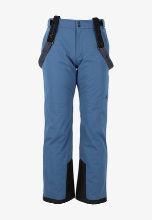 Blaue Skihosen mit schwarzen unteren Einsätzen, aus wasserdichtem Material. Verfügt über verstellbare Träger und einen geraden Bein-Design.