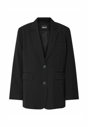 Black blazer by PIECES, featuring a notched collar, two front pockets, and two button closure, made from smooth fabric.