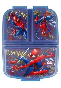 Ein Spider-Man-Vesperdose mit einer blauen Kunststoffaußenseite. Sie zeigt bunte Grafiken von Spider-Man in verschiedenen Posen und Graffiti-ähnlichem Text.