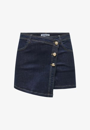 Mørkeblå denim miniskjørt med asymmetrisk forside, gullfargede dekorative knapper, beltehemper og frontlommer.