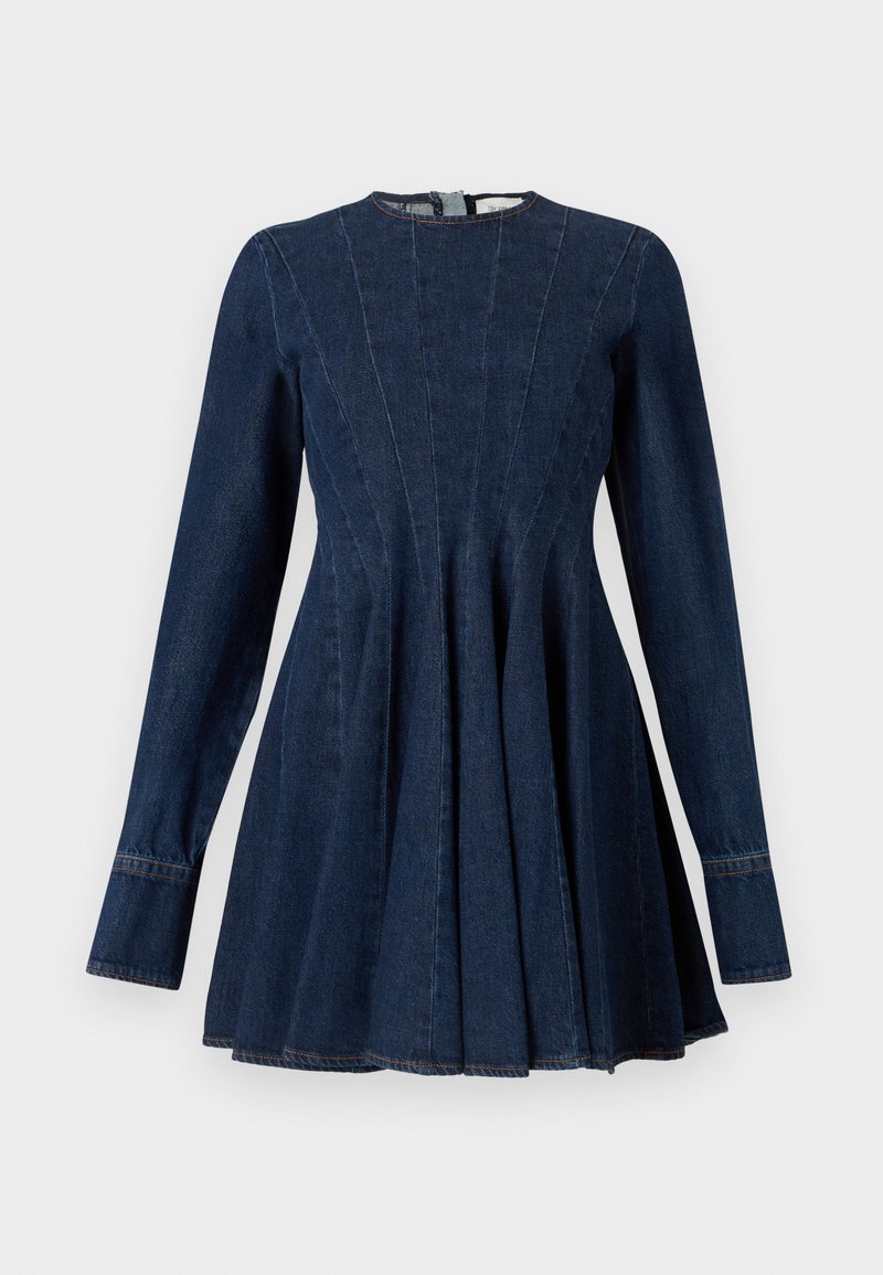 Dark blue denim dress with long sleeves, round neckline, and flared skirt. Features vertical stitching and loose pleats at the waist.