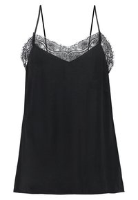 Camisole noire à fines bretelles avec un col orné de dentelle. Tissu lisse, coupe ample et ourlet un peu plus bas dans le dos.