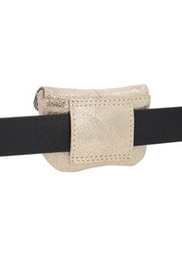 Gouden metallic leren pouch bevestigd aan een zwarte riem; heeft een gladde textuur, ronde vorm en zichtbare stiksels accenten.