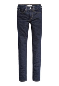 Jeans de mezclilla azul oscuro con corte ajustado, que presentan cinco bolsillos, costuras amarillas y un cierre con botón estándar en la cintura.