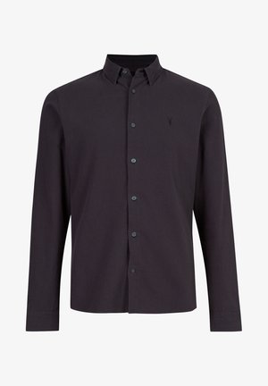 Schwarzes langärmeliges Hemd mit Knopfleiste, Kragen und kleinem, dezentem gesticktem Logo auf der linken Brustseite.