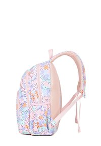 Zaino a motivo pastello con spallacci in rete rosa e numerosi scomparti con cerniera; tessuto morbido con finitura testurizzata e design giocoso.