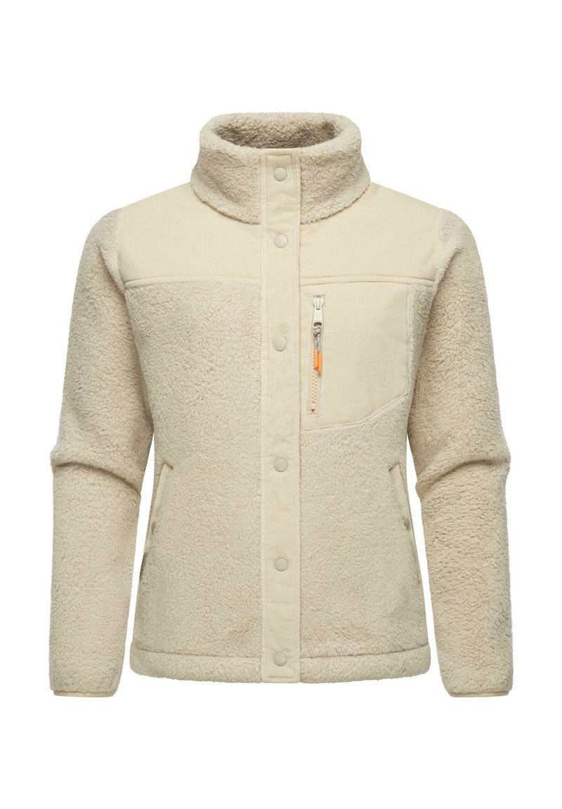 Giacca in pile beige con colletto alto, chiusura a bottoni e tasca con zip sul petto. Presenta un tessuto testurizzato e pannelli lisci in contrasto.