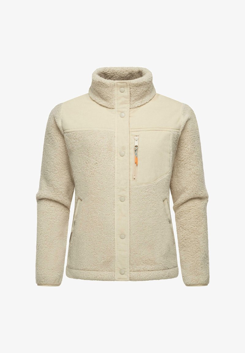 Giacca in pile beige con colletto alto, chiusura a bottoni e tasca con zip sul petto. Presenta un tessuto testurizzato e pannelli lisci in contrasto.